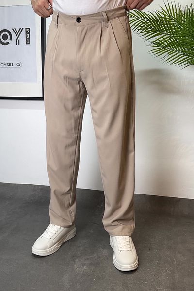 ROY501 New Season Men's Linen Trousers - Comfortable Fit, Double Pleated Baggy Design, Rubber Waist
