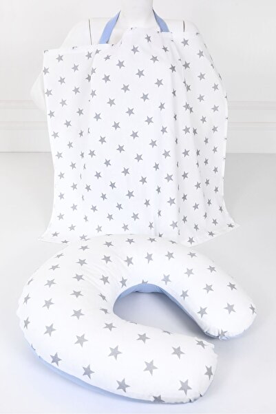 Umaybebek Emzirme Yastığı, Emzirme Önlüğü Set - Pamuklu Kumaş - Mavi Beyaz Yı...