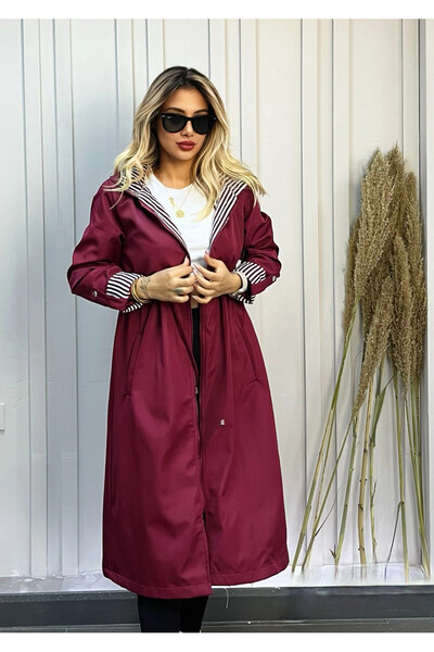 hazelin Kadın Bordo Beli Büzgülü Kapşonlu Uzun Trençkot HZL22W-BD190911
