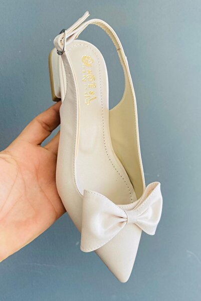 Preshley Sista Cream Fabric Bow Open Back 2 cm Heeled Pointed Toe Ballerinas