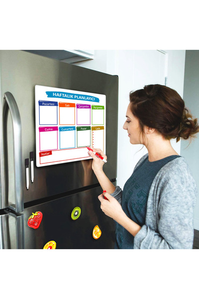 OZR مخطط أسبوعي مقاس 32 × 34 سم - مغناطيس مغناطيسي للثلاجة مع لوح كتابة وقلمين