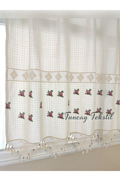 TUNCAY TEKSTİL 100% Cotton Red Sprinkled - Lace Dress Curtain Sunshade