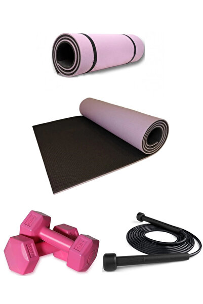 Housess 8,5 Mm Çift Taraflı Lila Siyah Pilates Matı ve 2 x 1 KG Dambıl ve Atl...