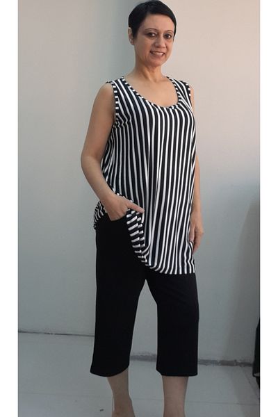 Mertcan Butik Black Pocket Capri Top Black and White Striped Thick Strap Bottom Top Combed Cotton Viscose Suit