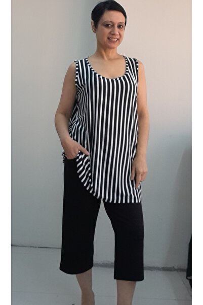 Mertcan Butik Top capri cu buzunar negru, cu dungi alb-negru, cu bretele groase, partea de jos, din viscoză pieptănată