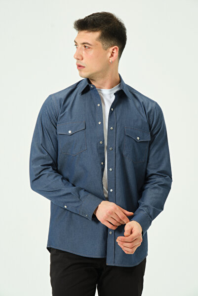PSY Erkek Lacivert Çift Cep Kapaklı Regular Fit Casual Uzun Kol Gömlek