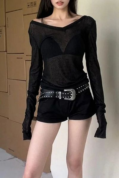 Köstebek Black Transparent V-Neck Casual Full Body Crop