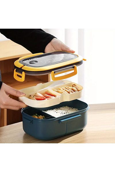 hediyeofisi 2-Tier Portable Diet Food Container - Lunch Box, Storage Container, Travel Box with Fork Spoon