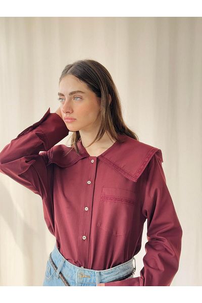 Retrobird Cămașă de damă roșu Claret - Dantela de design, guler pentru bebeluși