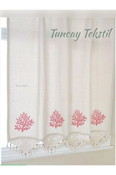TUNCAY TEKSTİL Red Coral Printed 100% Cotton Handcrafted Lace Finding Linen Curtain