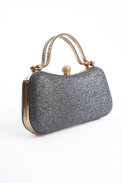 GUİZA Women's Imported Silvery Fabric Platinum Gold Case Zircon Stone Evening Dress Stylish Bag Is an Elegant Design