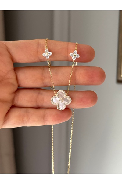 emy by emel luxury silver jewelry Altın Kaplama Sedef Taşlı Yonca Kolye 925 A...