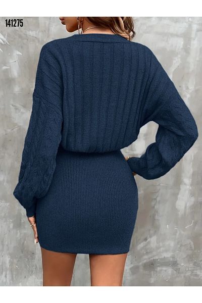 Kokosh moda Rochie de tricotaj scurtă cu mânecă lungă, cu decolteu în V, cu nasturi, pentru femei de sezon nou