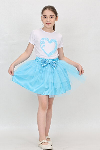 nacar çarşı Момичешка тениска с сърцевиден мотив и комплект със синя пола с м...