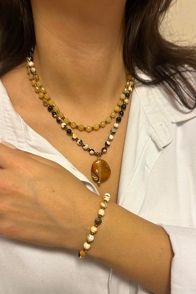 Suerte Accessories Citrine and Agate Natural Stone - Special Design Women's Necklace and Bracelet Combo