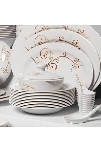 cc bin shihon Melamine Dinner Set 184 Pcs for 12 People White with Brown Motifs Microwave and Dishwasher Safe