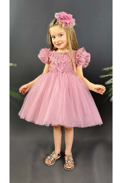 ŞEYMA BUTİK Pink Embroidered Girl's Tutu Skirt Dress - Sym0578