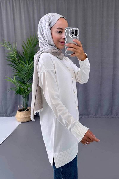 Ka Hijab Ζακέτα Mercerized Hijab με λαιμόκοψη V με σκίσιμο στο πλάι - Λευκό