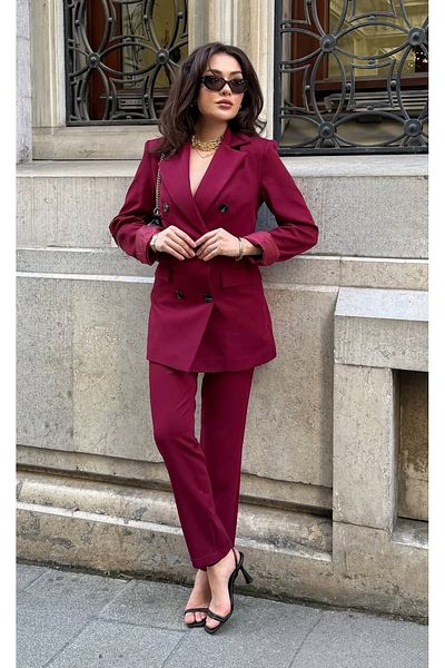 pembekurdelem Burgundy Women's Classic Long Jacket and Trousers Set