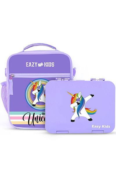 Eazy Kids مجموعة صناديق بينتو مع حقيبة غداء معزولة - يونيكورن أرجواني