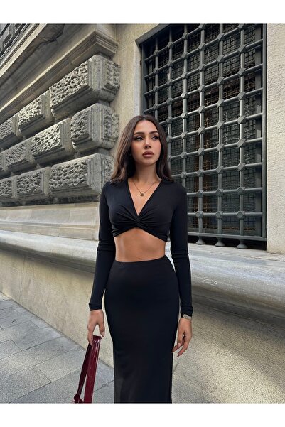 FEWTİNT Set cu talie elastică și mâneci lungi - Bluză crop cu căptușeală, cu ...