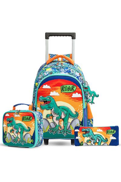 Eazy Kids - مجموعة من 3 حقائب مدرسية بعجلات وحقيبة غداء وحافظة أقلام ديناصور مقاس 17 بوصة - برتقالي