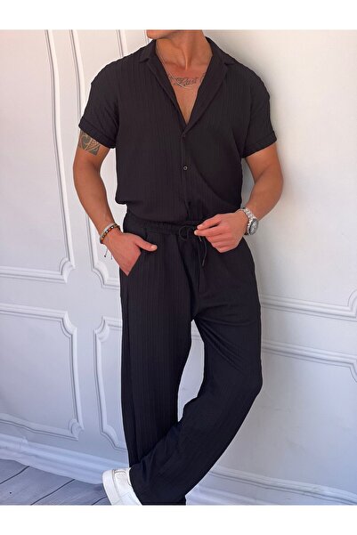 MODEFENDİ Men's Black Knitted Patterned Cotton Woven Oversized Cut Bottom Top...