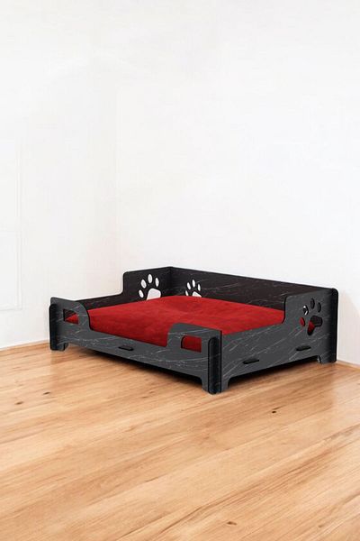 Evene Black Marble Colored Large Cat Bed - Wooden Durable Paw Model