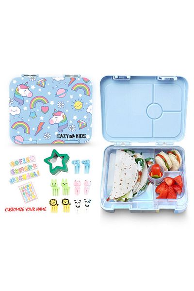 Eazy Kids صندوق غداء بنتو مكون من 4 أقسام من إيزي كيدز - أزرق يونيكورن