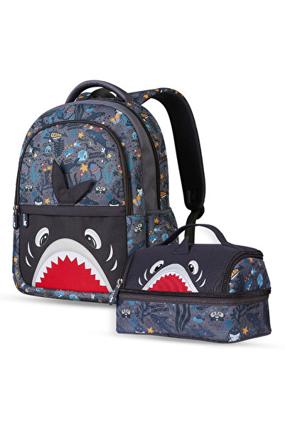 Nohoo حقيبة مدرسية للأطفال مقاس 16 بوصة مع حقيبة غداء كومبو سمكة قرش - رمادي