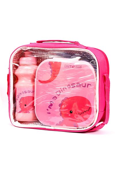 Eazy Kids Lunch Box and Water Bottle With Bag - Dino Pink