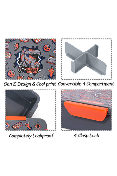 Eazy Kids Eazy Kids 1 / 2 / 3 / 4 Compartment Convertible Bento Lunch Box Dinosaur - Grey 850ml