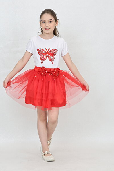 FATELLA Devojčica majica sa leptir uzorkom, šljokice, perle, detaljna crvena ...