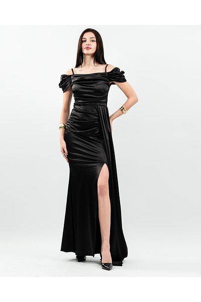 maf collection Γυναικείο βραδινό φόρεμα με μακρύ σατέν λαιμόκοψη μαύρο καγιάκ