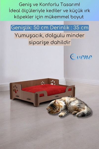 Evene Walnut Colored Large Cat Bed - Decorative and Wooden Durable Paw Model