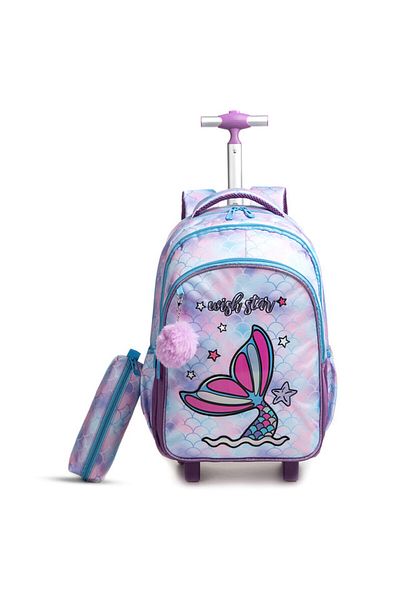 Eazy Kids مجموعة من 3 حقائب مدرسية بعجلات مقاس 18 بوصة مع حقيبة غداء وحافظة أقلام حورية البحر - أرجواني