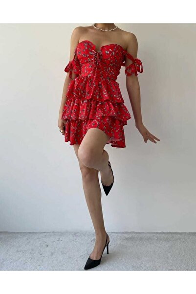 MODA DURAĞI Askılı Elbise Eteği Volanlı Elbise Göğüs Destekli Elbise Mini Elb...