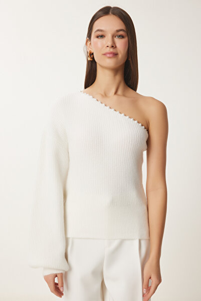 Lovelyİstanbul One Shoulder Pearl Detailed Knitwear Sweater - Ekru Lus0068