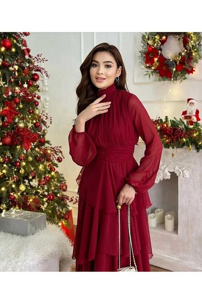 MODA DURAĞI Red Midi Chiffon Women's Dress - Full Design