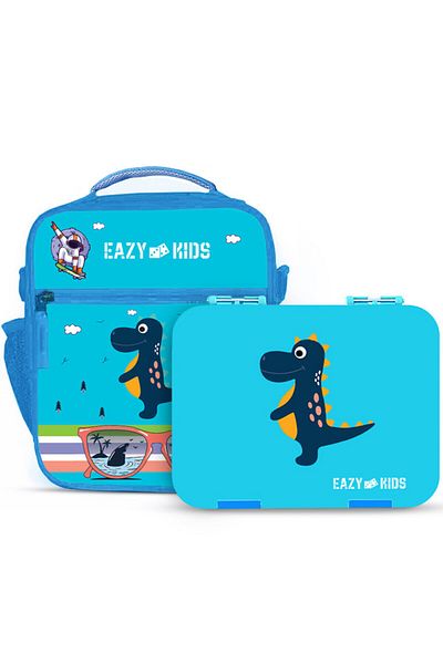 Eazy Kids مجموعة صناديق بينتو للأطفال مع حقيبة غداء معزولة - أزرق دينو