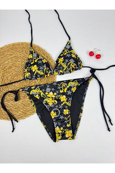 FUNELLA Women's Black Yellow Floral Patterned Lycra Rope Detailed New Season Bikini Set