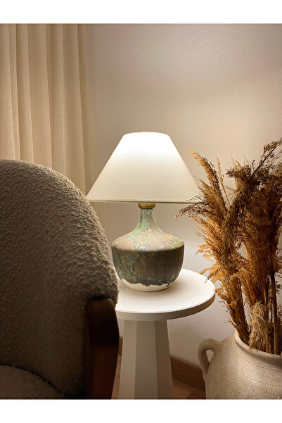 Bienohome Sanatsal Dokulu Seramik Abajur- Kumaş Abajurlu Rustik Yatak Odası Oturma Odası Dekoratif Aydınlatma