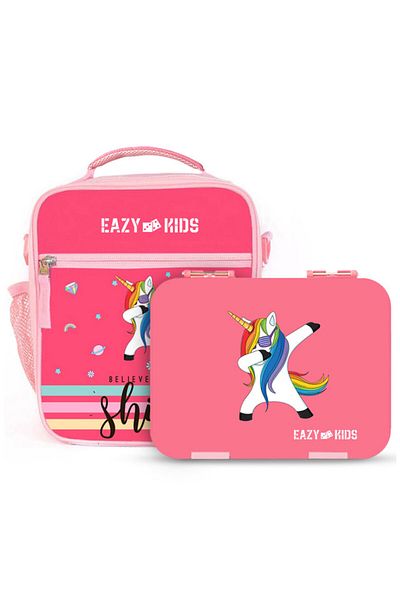 Eazy Kids مجموعة صناديق بينتو مع حقيبة غداء معزولة - وردي يونيكورن