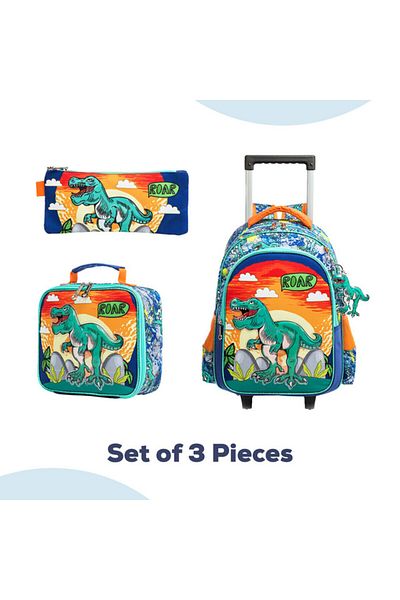 Eazy Kids - مجموعة من 3 حقائب مدرسية بعجلات وحقيبة غداء وحافظة أقلام ديناصور مقاس 17 بوصة - برتقالي