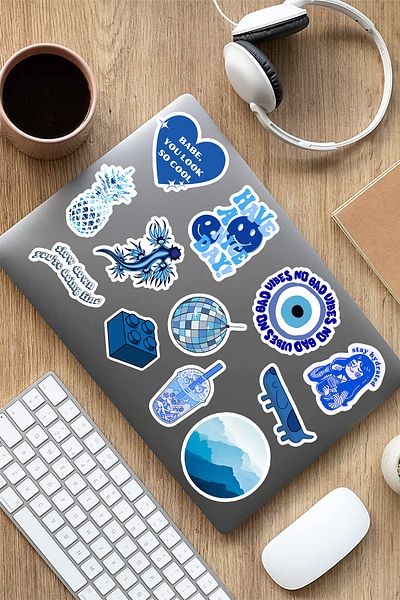 AR Sticker Vsco Blue - مجموعة من 6 ملصقات للكمبيوتر المحمول والكمبيوتر المحمول والكمبيوتر اللوحي