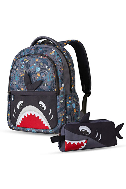 Nohoo حقيبة مدرسية للأطفال مقاس 16 بوصة مع حافظة أقلام كومبو شارك - رمادي