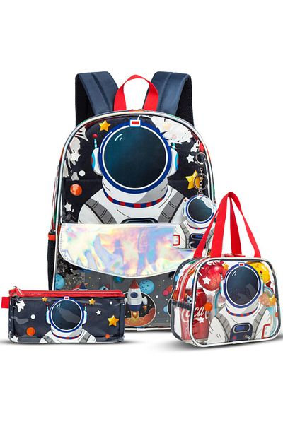 Eazy Kids - حقيبة مدرسية مقاس 16 بوصة وحقيبة غداء وحافظة أقلام مجموعة من 3 قطع - رائد فضاء - أزرق