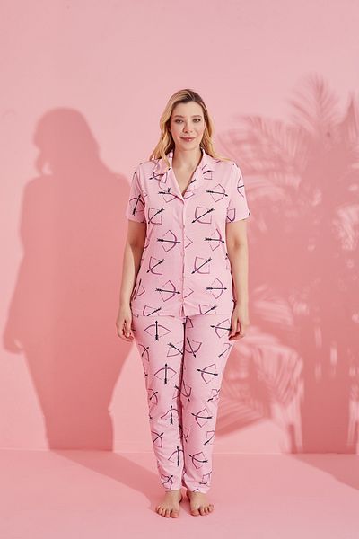 Prestij İç Giyim Women's Plus Size Print Front Button Cotton Shirt Collar Short Sleeve Pajamas Set