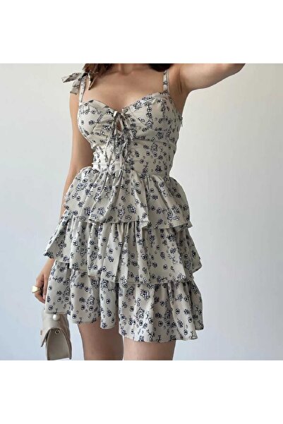 MODA DURAĞI Askılı Elbise Eteği Volanlı Elbise Göğüs Destekli Elbise Mini Elb...