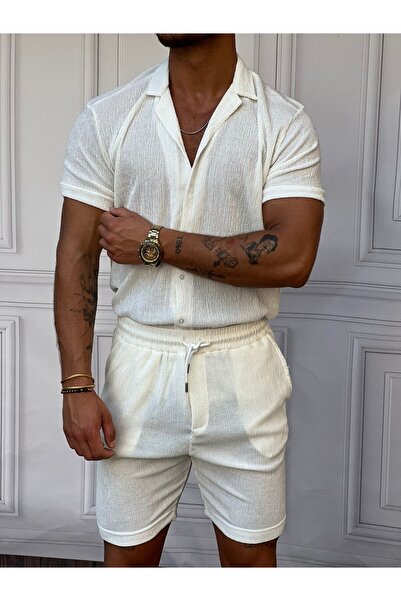 MODEFENDİ Men's White Crinkle Fabric Cotton Shirt + Shorts Set